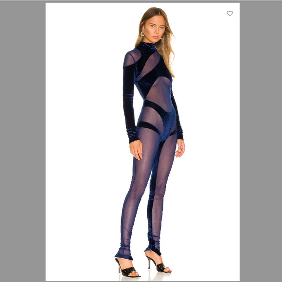 LaQuan Smith Navy Velvet and Mesh Catsuit - Picture 4 of 8